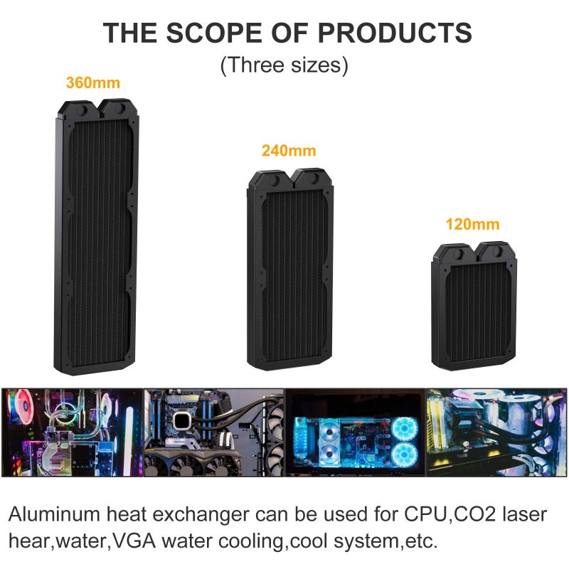 DIYhz Water Cooling Computer Radiator, 12 Pipe Thick Copper Heat Exchanger Liquid Cooling Radiator G1/4 Thread Heat Row Sink 240mm for CPU PC Laser Water Cool System DC12V Black - Image 4